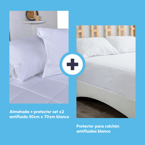 Combo Protector colchón antifluido + Setx2 Almohada más protector almohada doble